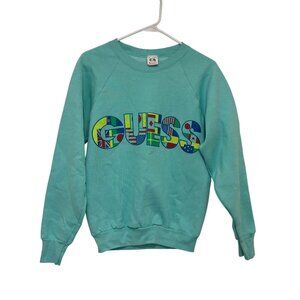 Vintage Guess Logo Aqua Sweatshirt Medium Fruit Of The Loom